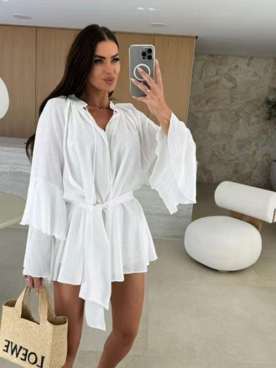 Damen luftige Strandbluse mit voluminösen Ärmeln und Taillengürtel EB
