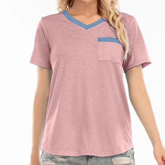 Damen T-Shirt mit V-Ausschnitt und kontrastierender Brusttasche EB