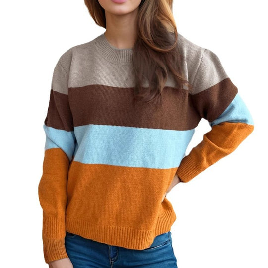 Damen lockerer Strickpullover mit buntem Streifenmuster EB