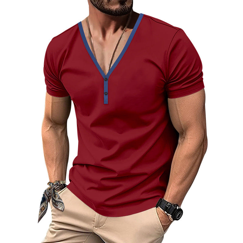 Herren Kurzarm Henley-T-Shirt mit V-Ausschnitt und Knopfdetail EB
