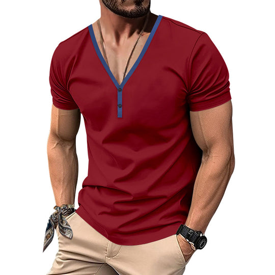 Herren Kurzarm Henley-T-Shirt mit V-Ausschnitt und Knopfdetail EB