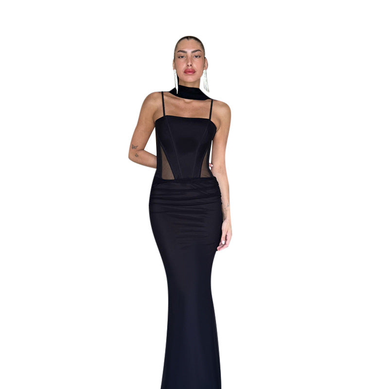 Damen elegantes figurbetontes Maxikleid mit transparenten Einsätzen und stylishem Stehkragen EB