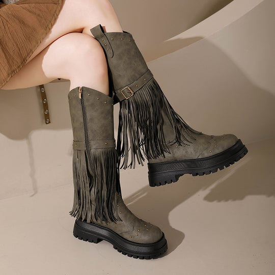 Damen Overknee-Stiefel mit modischem Fransen-Design und robustem Profil EB