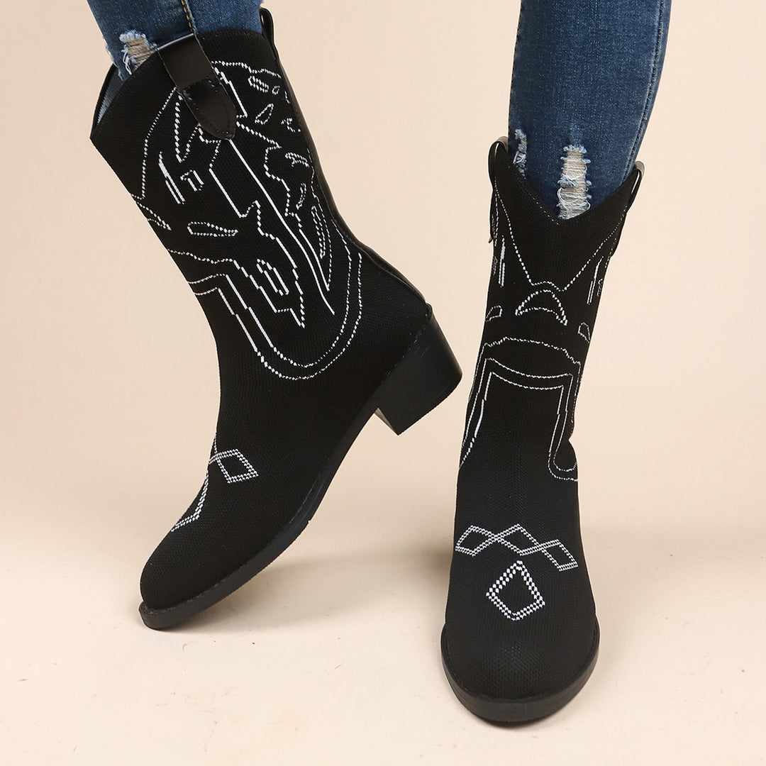 Damen Cowboy-Stiefel mit kunstvollem Stickdesign und robustem Absatz EB