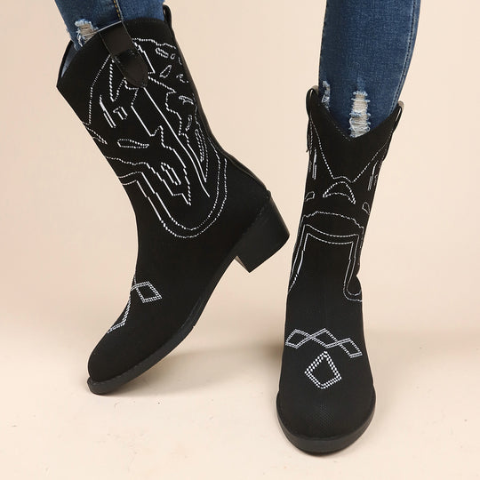 Damen Cowboy-Stiefel mit kunstvollem Stickdesign und robustem Absatz EB