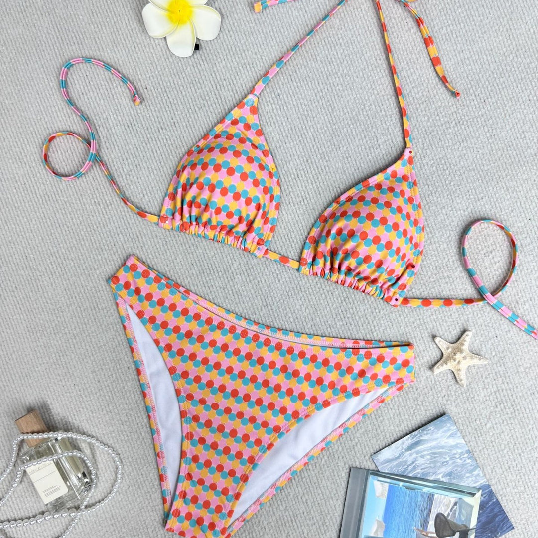 Damen Triangel-Bikini mit buntem Punktedesign und verstellbaren Bändern EB