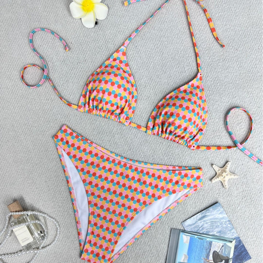 Damen Triangel-Bikini mit buntem Punktedesign und verstellbaren Bändern EB