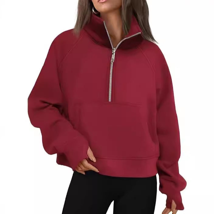 Damen nan oversized Halbzip Pullover mit Kängurutasche, Daumenlöchern und hohem Kragen EB