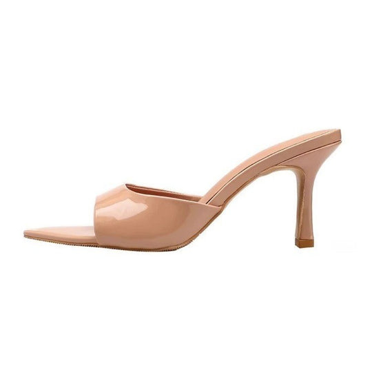 Damen Offene Mules mit glänzendem Design und elegantem Absatz EB