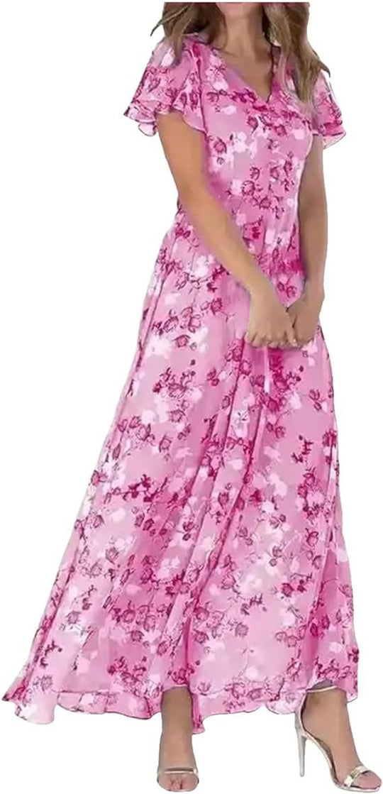 Damen Maxikleid mit floralem Chiffon-Stoff und transparenten Ärmeln EB