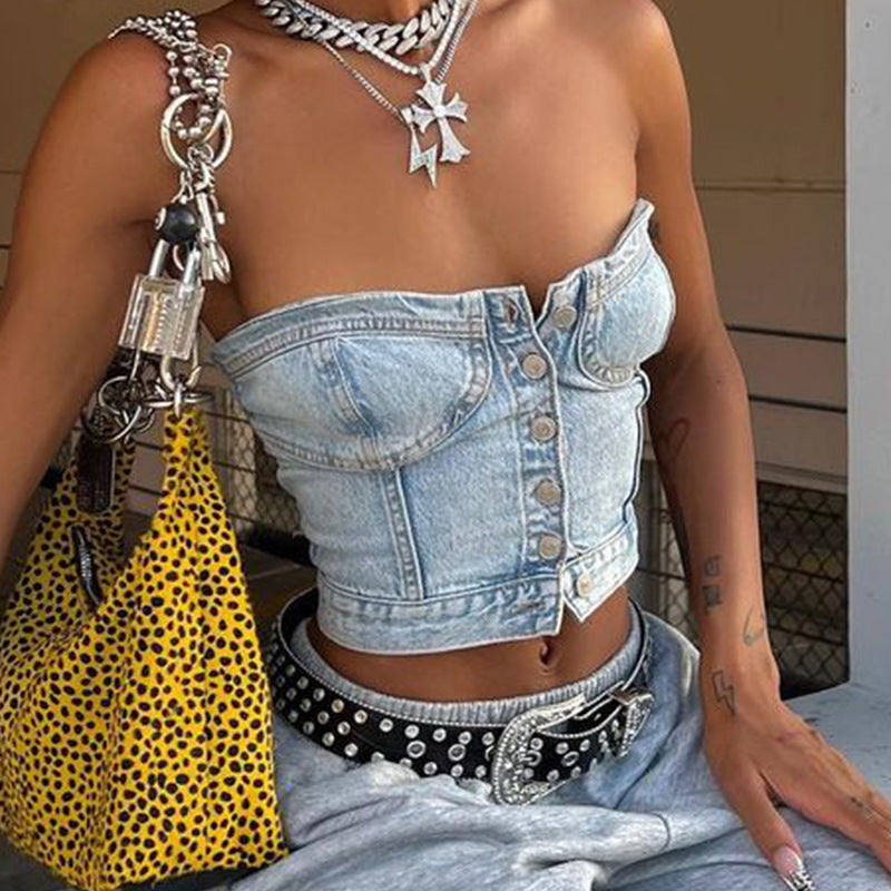 Damen Denim-Crop-Top mit gestricktem Überwurf EB