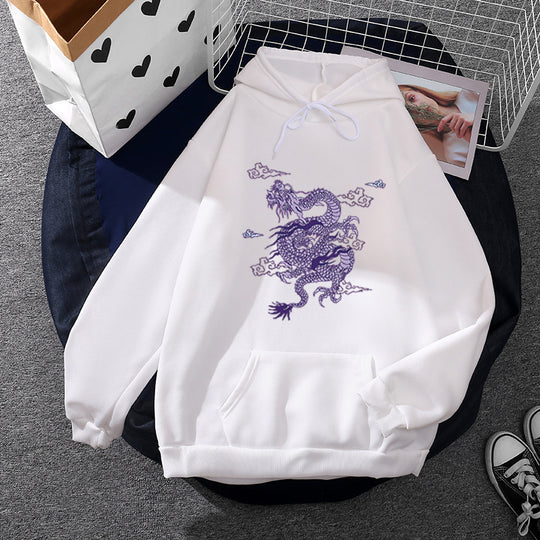 Unisex nan oversized Kapuzensweatshirt mit detailliertem Drachendruck, angerautem Fleece-Innenfutter und Känguru-Tasche EB