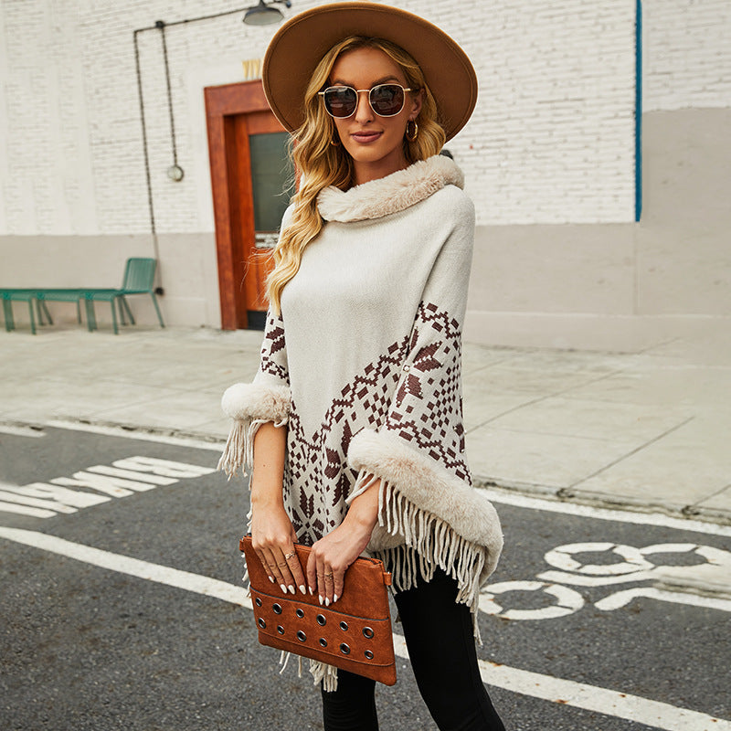 Damen eleganter Poncho mit dekorativem Fransen-Design und Kunstfellbesatz EB