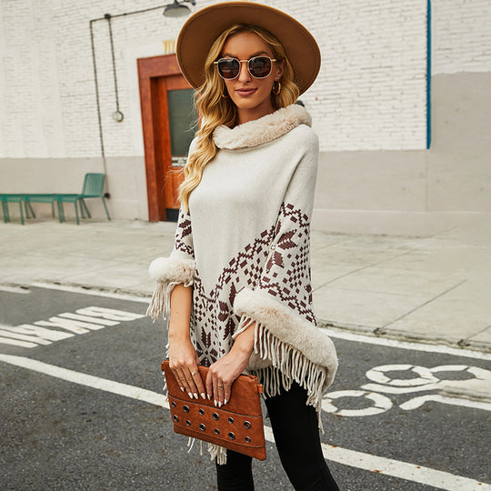 Damen eleganter Poncho mit dekorativem Fransen-Design und Kunstfellbesatz EB