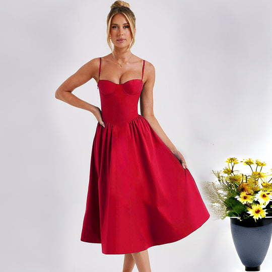 Damen Midikleid mit elegantem Bustier-Oberteil und fließendem Rock EB