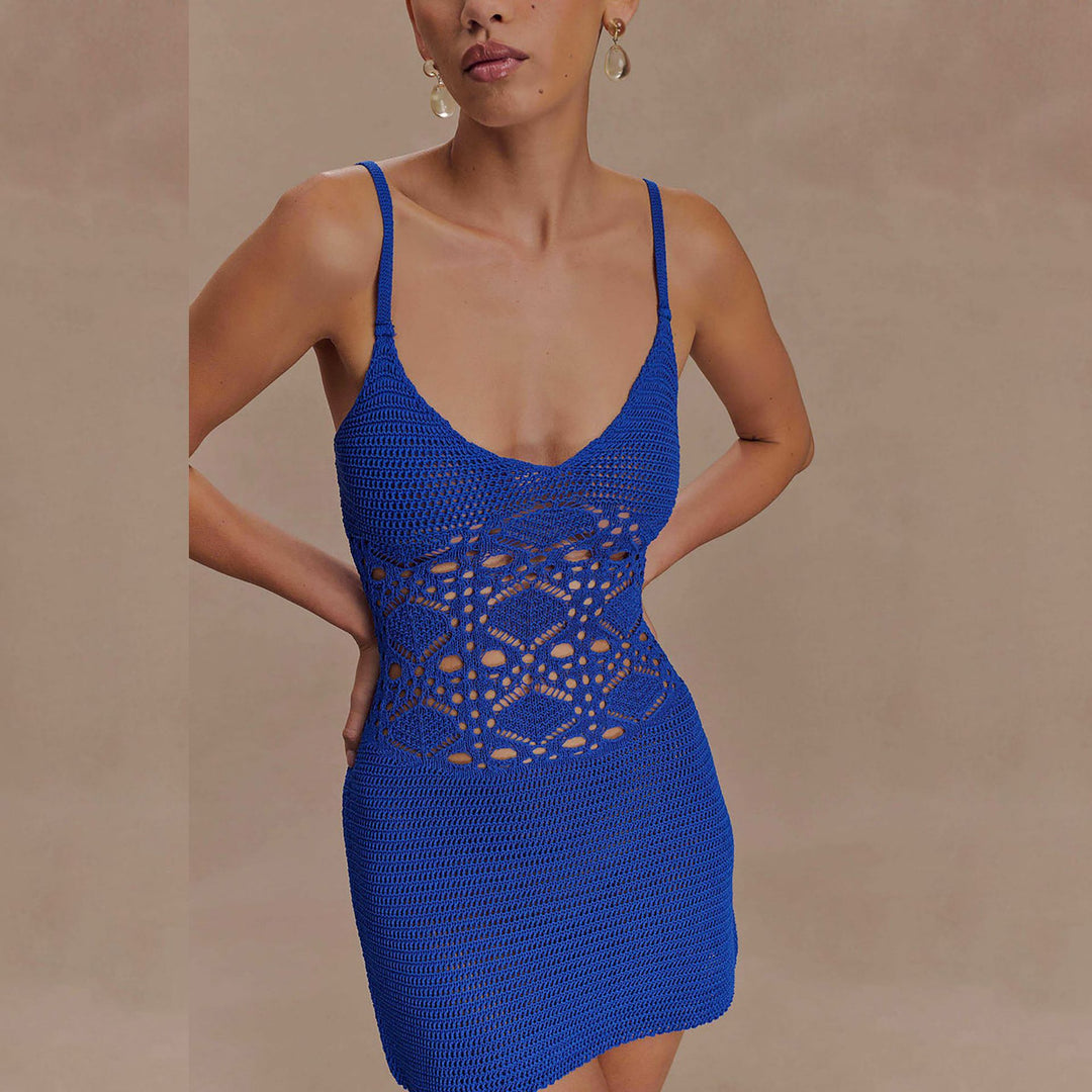 Damen gehäkeltes Mini-Strandkleid mit verführerischem V-Ausschnitt EB