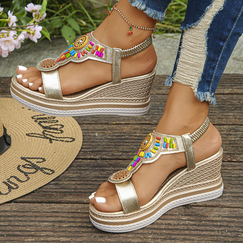 Damen Wedge-Sandalen mit buntem Perlen-Design EB