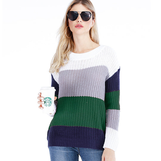 Damen Strickpullover mit blockfarbigem Muster und lockerem Schnitt EB