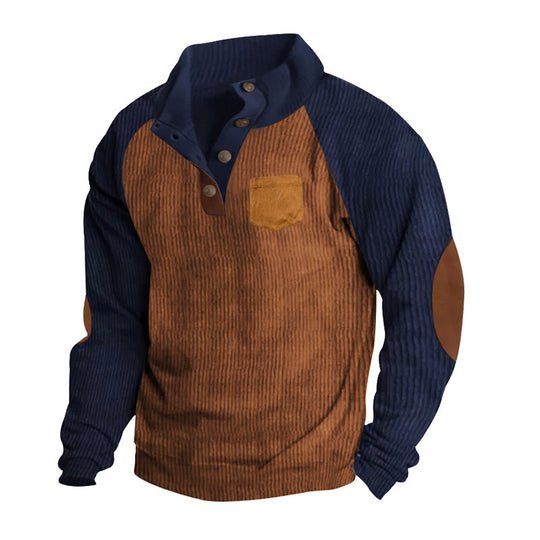 Herren Geripptes Henley‑Pullover mit Raglanärmeln, Ellenbogen‑Patches & Brusttasche EB