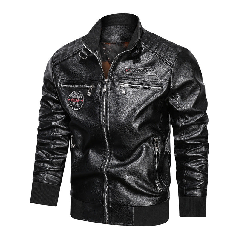 Herren Kunstleder-Bomberjacke im Vintage-Pilotblouson-Stil mit gesteppter Schulterpartie und Reißverschlusstaschen EB