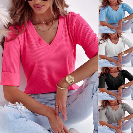 Damen V-Ausschnitt Kurzarmshirt aus geripptem Stoff EB
