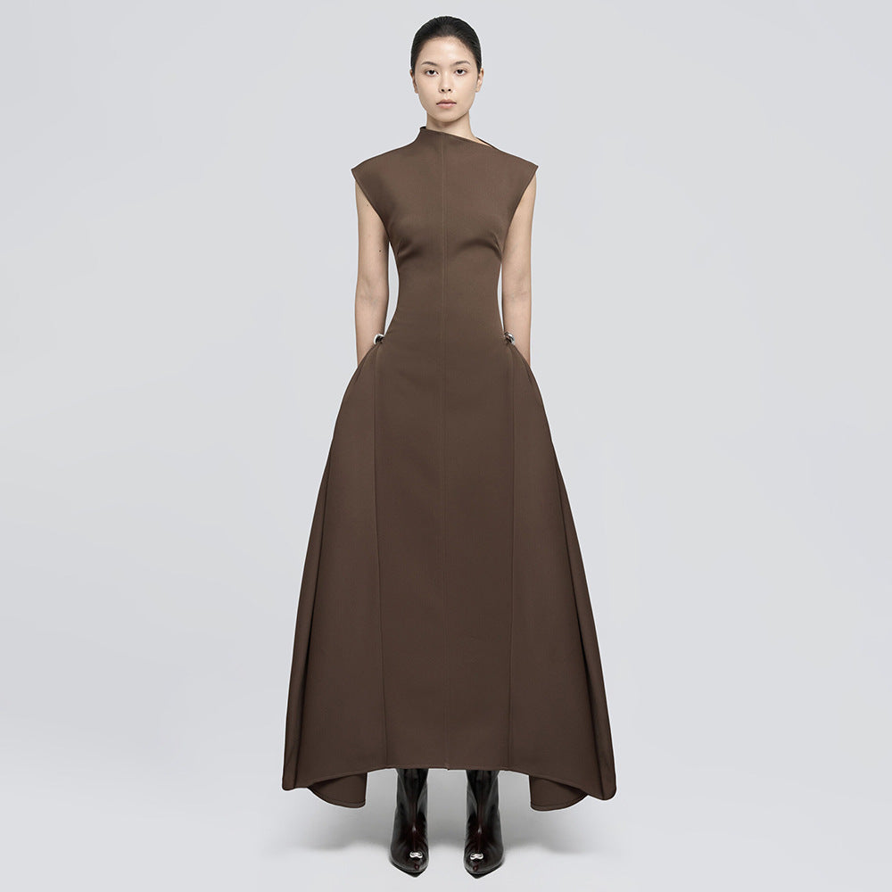Damen elegantes bodenlanges Kleid mit außergewöhnlichem Kragen und innovativer Silhouette EB