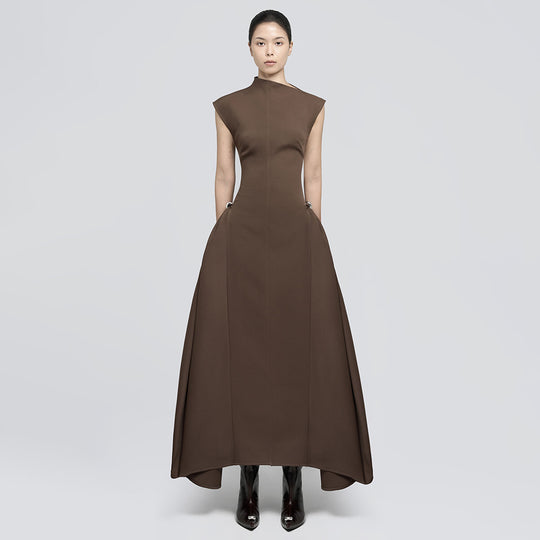 Damen elegantes bodenlanges Kleid mit außergewöhnlichem Kragen und innovativer Silhouette EB