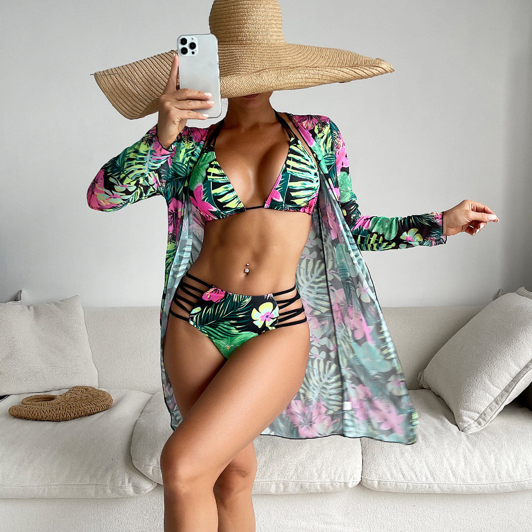 Damen Triangel-Bikini mit hohem Bund und floralem Design EB