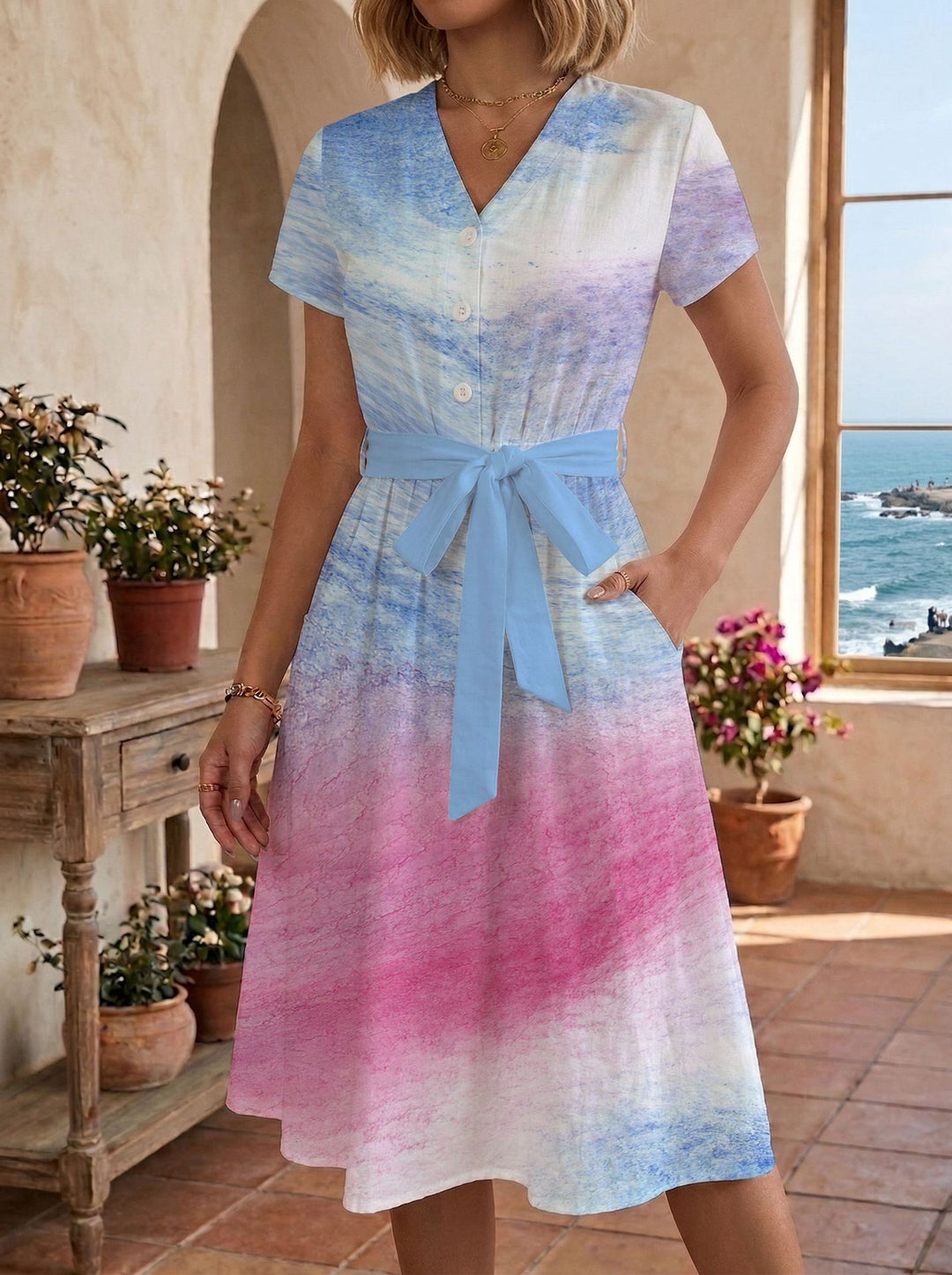 Damen Sommerliches Kleid mit taillierbarem Bindegürtel und floralem Muster EB