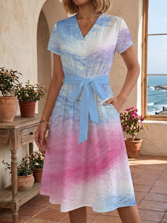 Damen Sommerliches Kleid mit taillierbarem Bindegürtel und floralem Muster EB