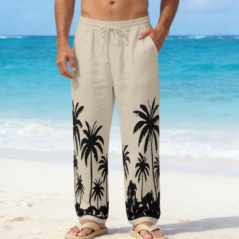 Herren Leinenoptik-Strandhose mit Palmenprint Relaxed-Fit und Kordelzug EB