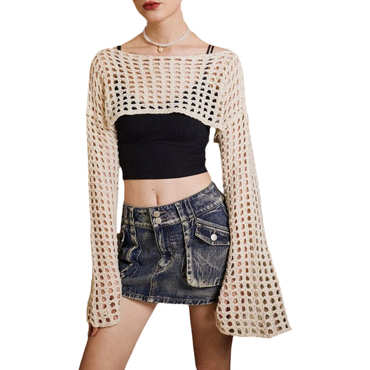 Damen luftiges gehäkeltes Crop-Top mit langen Ärmeln EB