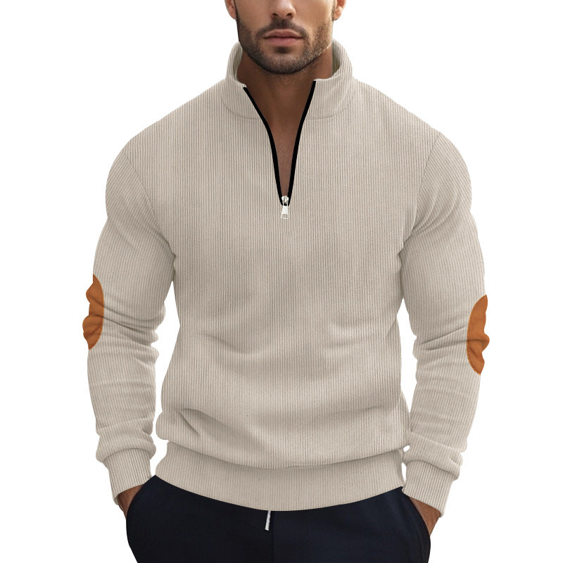 Herren nan strukturierter Baumwoll-Strickpullover mit halbem Reißverschluss und Ellenbogenbesatz EB