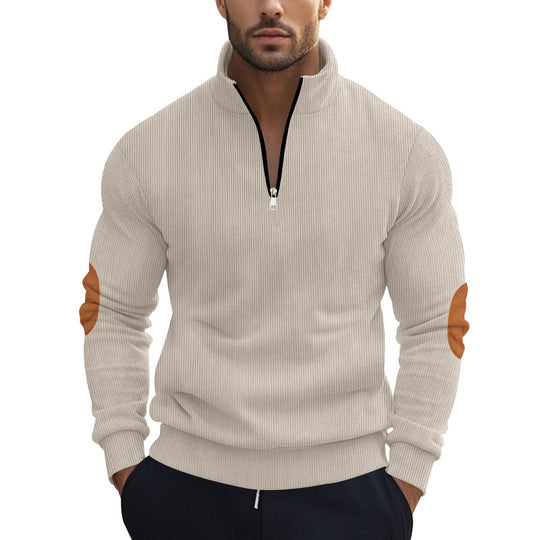 Herren nan strukturierter Baumwoll-Strickpullover mit halbem Reißverschluss und Ellenbogenbesatz EB