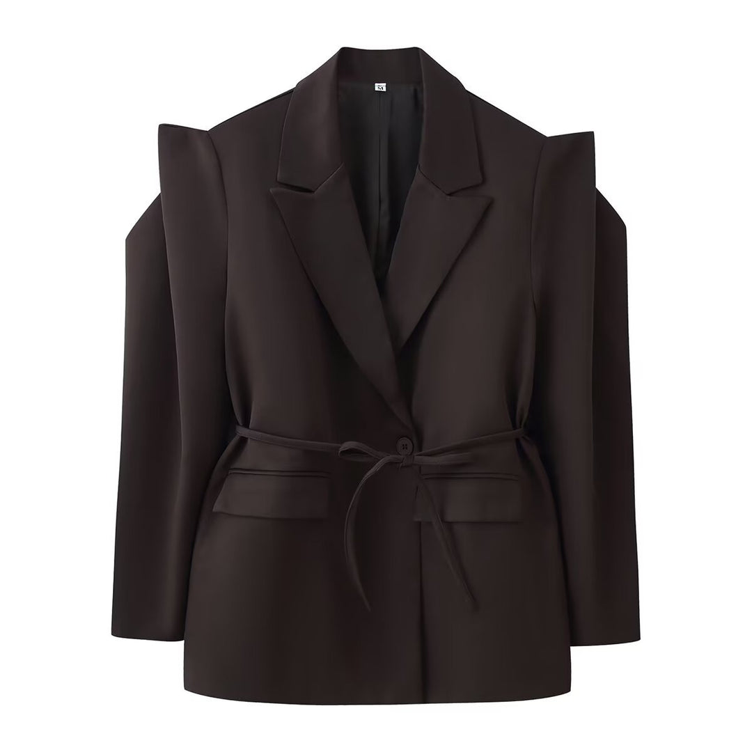 Damen nan taillierter Blazer mit Bindegürtel, Reverskragen und Schulterpolstern EB