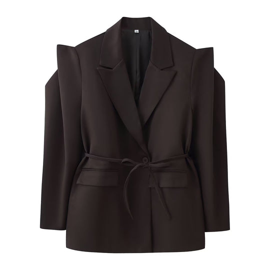 Damen nan taillierter Blazer mit Bindegürtel, Reverskragen und Schulterpolstern EB