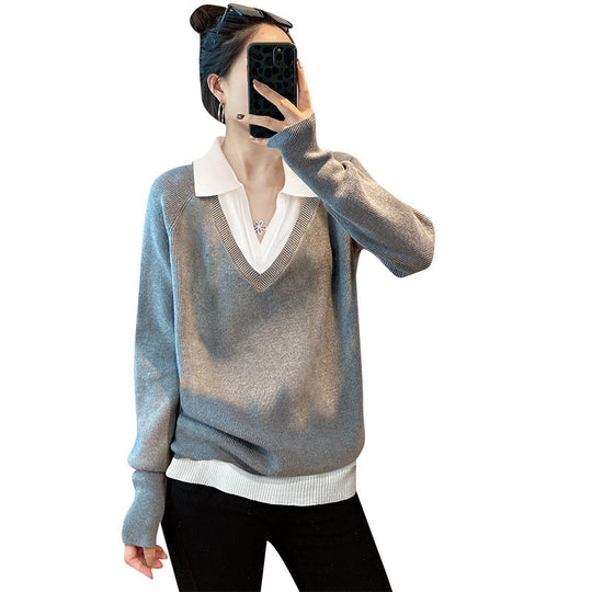 Damen V-Ausschnitt Pullover im Layering-Stil mit kragen EB
