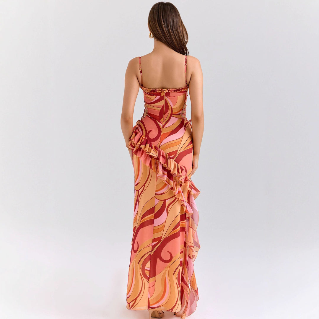 Damen Maxi-Kleid mit Rüschendetails und fließendem Muster EB