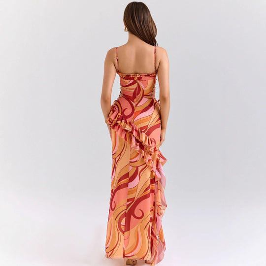 Damen Maxi-Kleid mit Rüschendetails und fließendem Muster EB