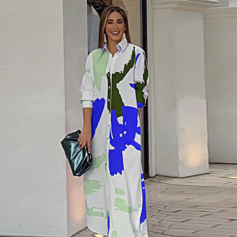 Damen Langarm Hemdkleid im modernen Grafikdesign mit Taschen EB