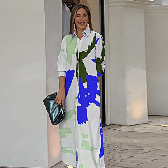Damen Langarm Hemdkleid im modernen Grafikdesign mit Taschen EB
