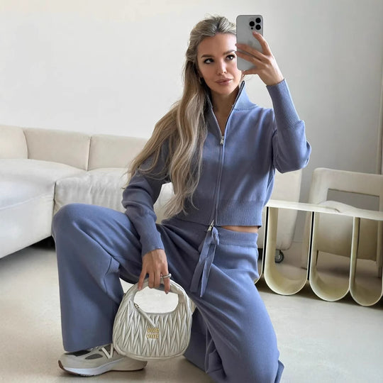 Damen gestricktes Lounge-Set mit kurzem Reißverschluss-Cardigan und weitem High-Waist-Jogginghose EB