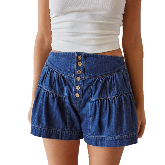 Damen Modische Denim-Shorts mit Rüschen und Knopfdetails EB