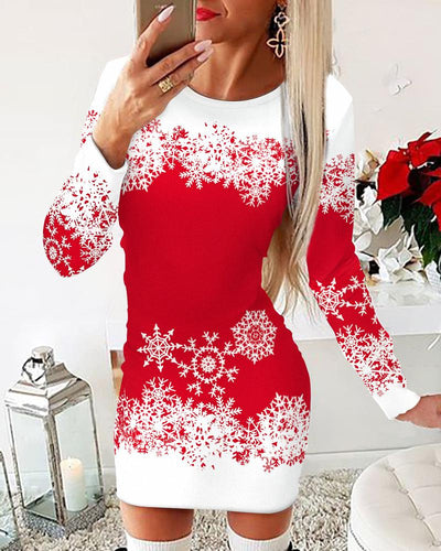 Damen festliches Langarmkleid mit Schneeflockenmotiv EB