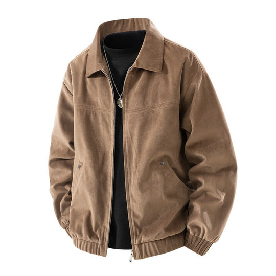 Herren leichte Harringtonjacke im Veloursleder‑Look mit Hemdkragen, durchgehendem Reißverschluss und elastischem Saum EB