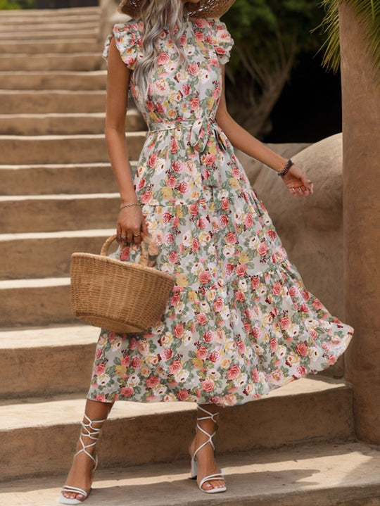 Damen Floral Maxikleid mit Taillengürtel und voluminösen Ärmeln EB
