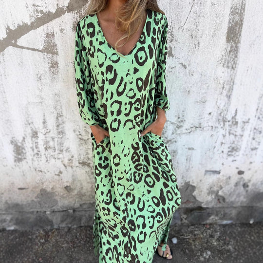 Damen Langarm Maxikleid mit Animal-Print und praktischen Taschen EB