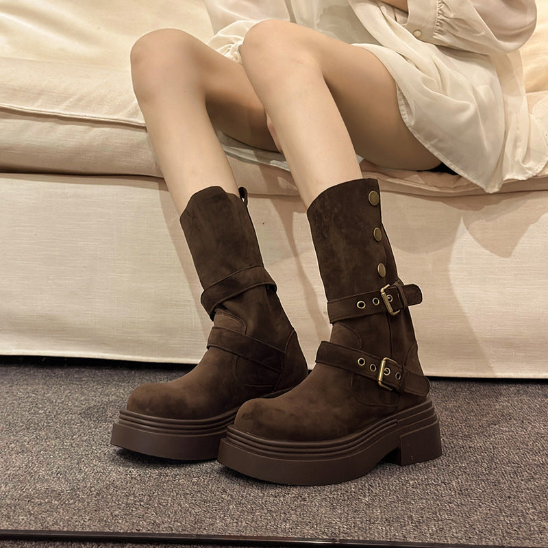 Damen Chunky Stiefel mit modischem Schnallen-Design und robuster Sohle EB