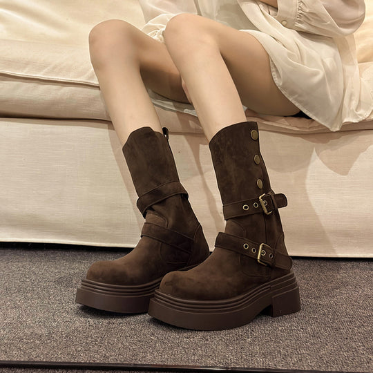 Damen Chunky Stiefel mit modischem Schnallen-Design und robuster Sohle EB