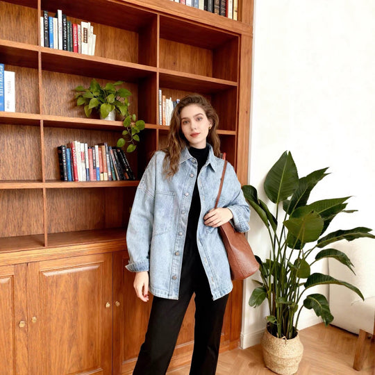 Damen nan oversized Jeanshemd mit aufgesetzten Brusttaschen, leichter Baumwoll-Denim und abgerundetem Saum EB